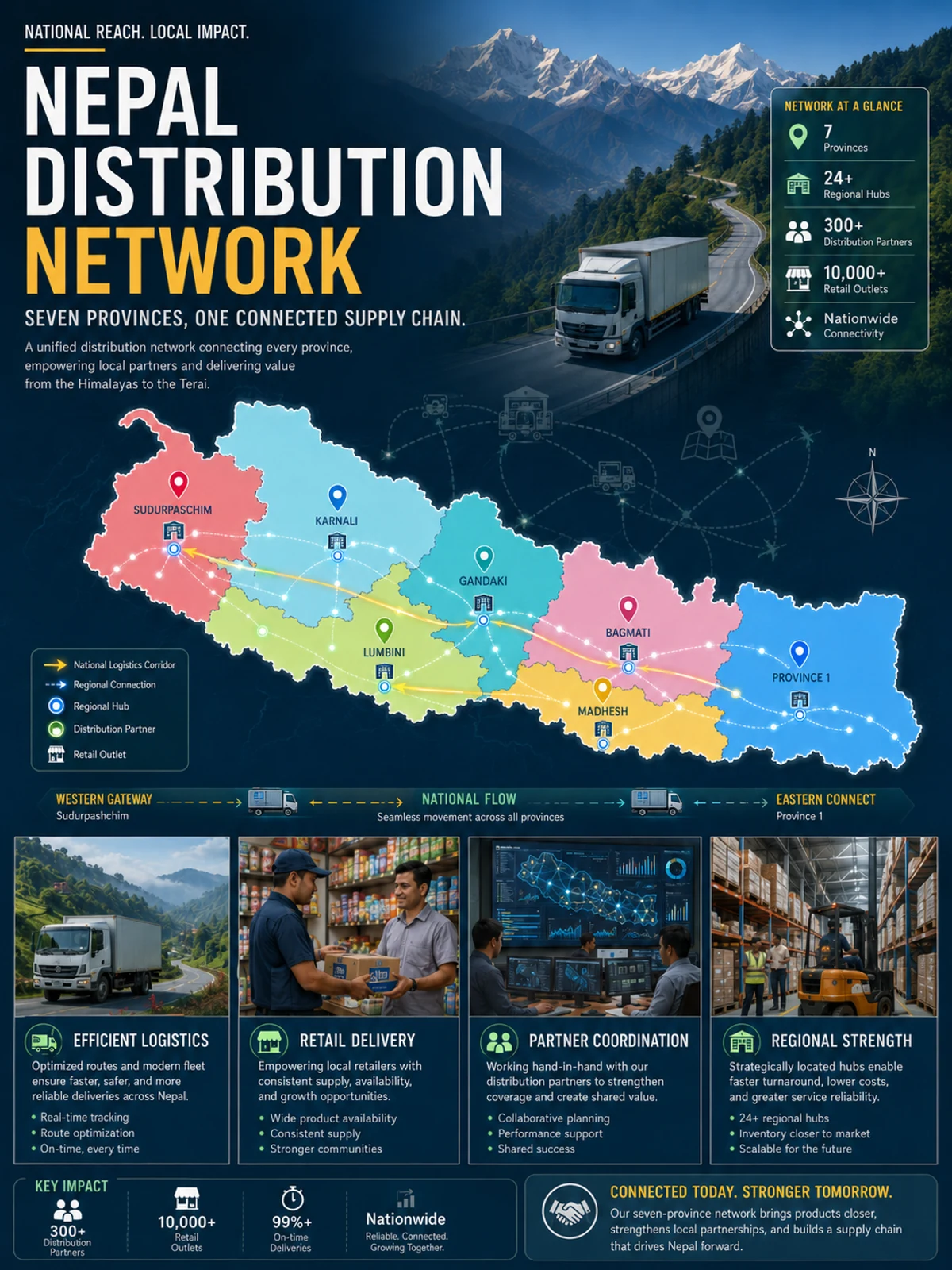 Nepal distribution network cover visual with seven-province logistics map
